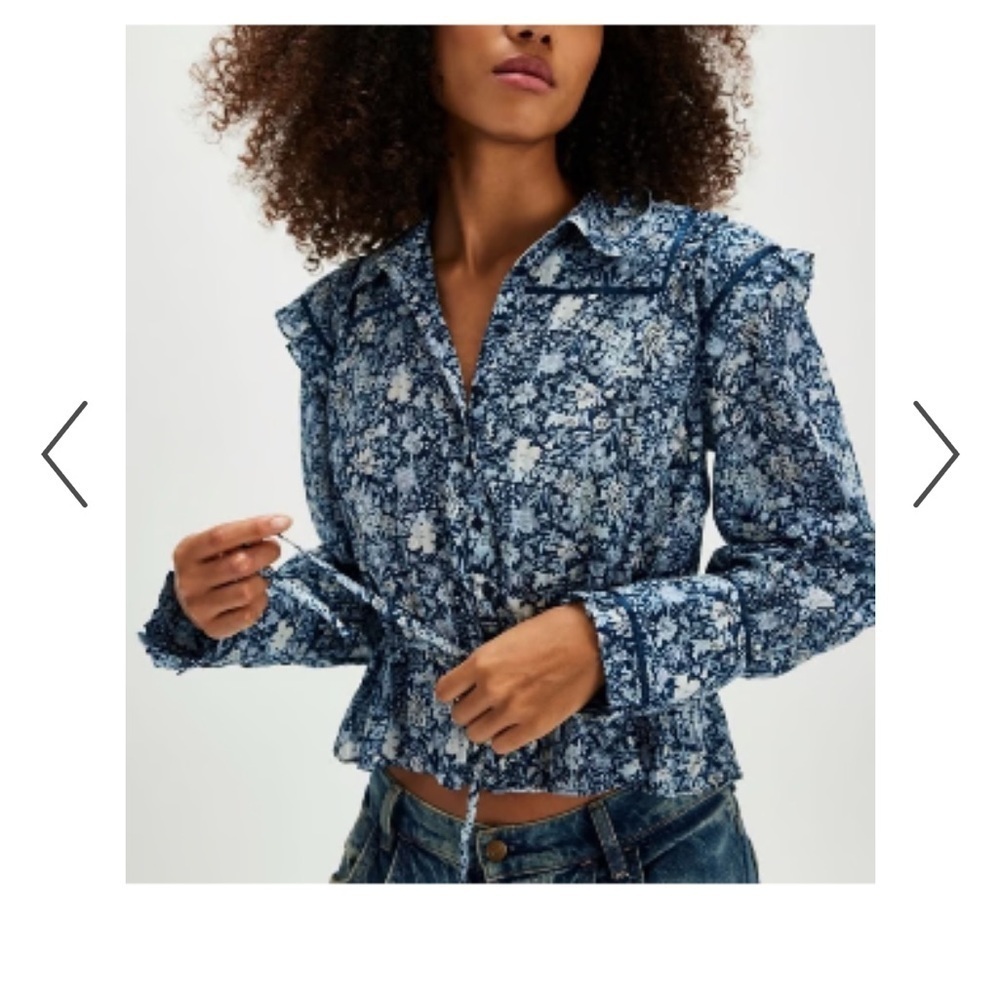 Free People Daybreak blue chambray floral medium m button up top shirt